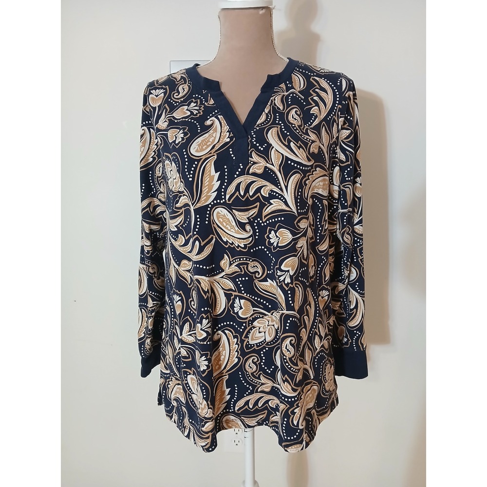 Belle by Kim Gravel Navy Blue Paisley Floral Split V-Neck Tunic Top Large Modest